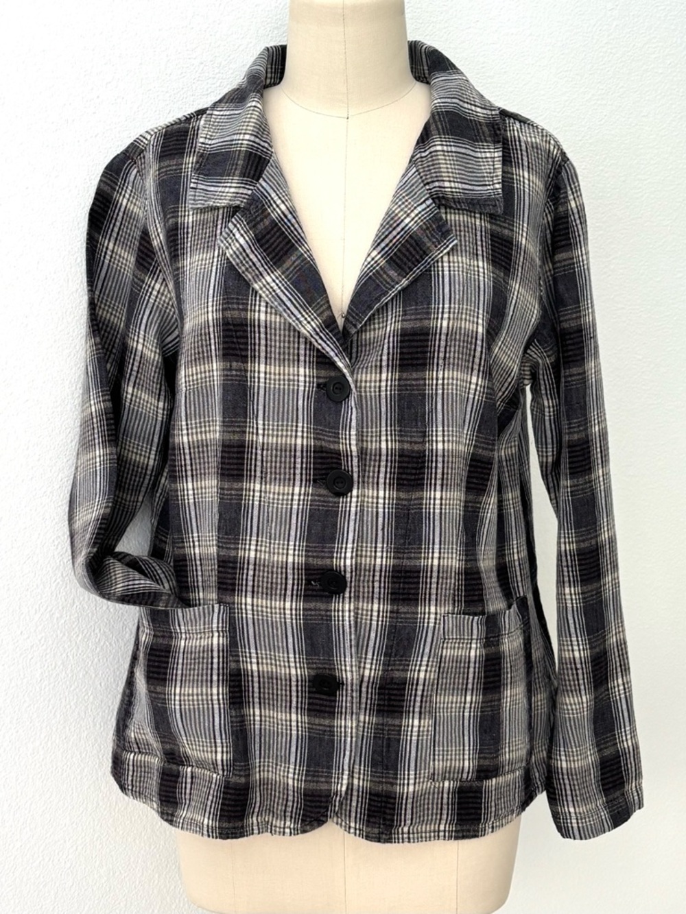 Flax Neutral Plaid Linen Blazer Black Gray Cream Lightweight Unlined M